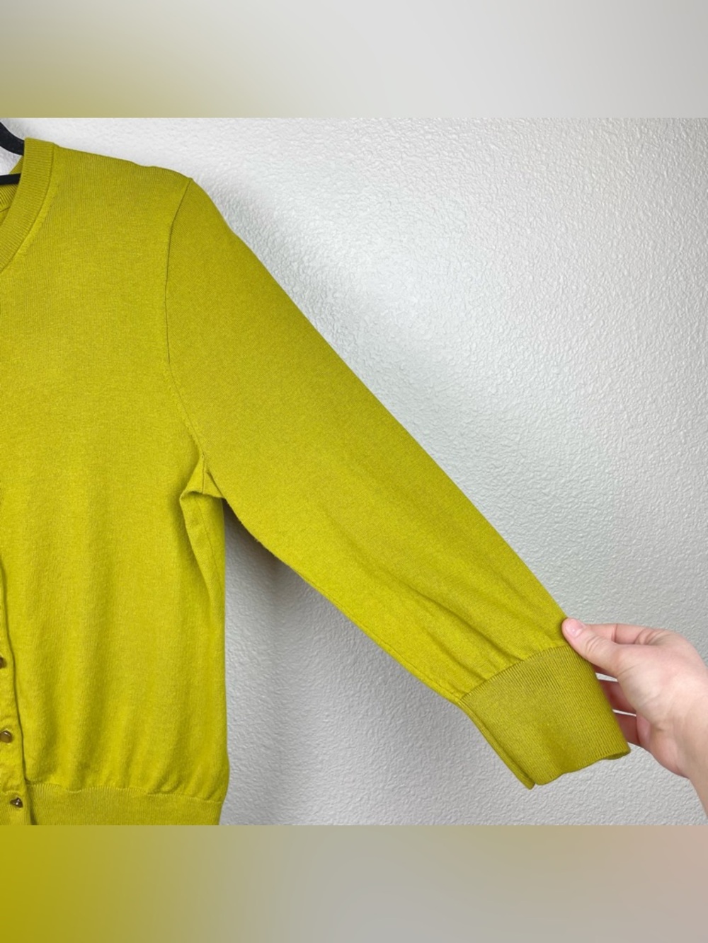 J. Crew Women's Large Chartreuse 3/4 Sleeve Button Front 100% Cotton Cardigan - Picture 8 of 16